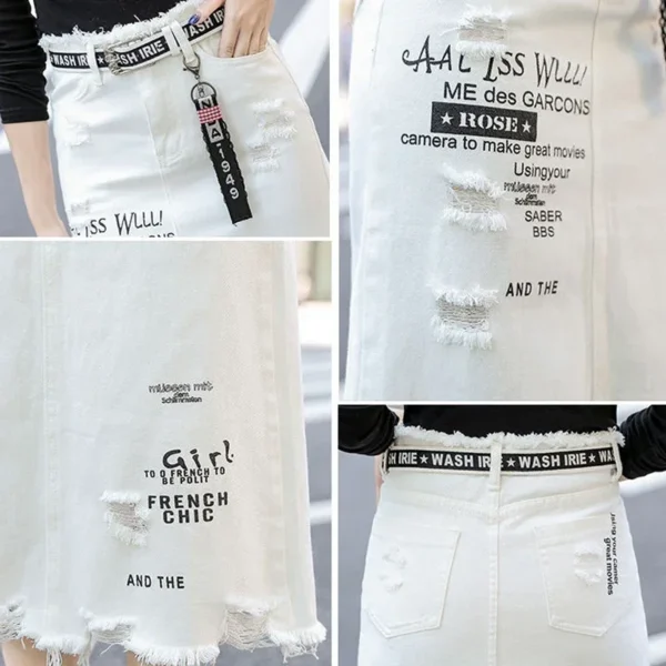 2021 New Women Skirt White Denim Long Skirts Letter Print Korean Style Fashion Hole Oversize Plus Size Female Skirts 4