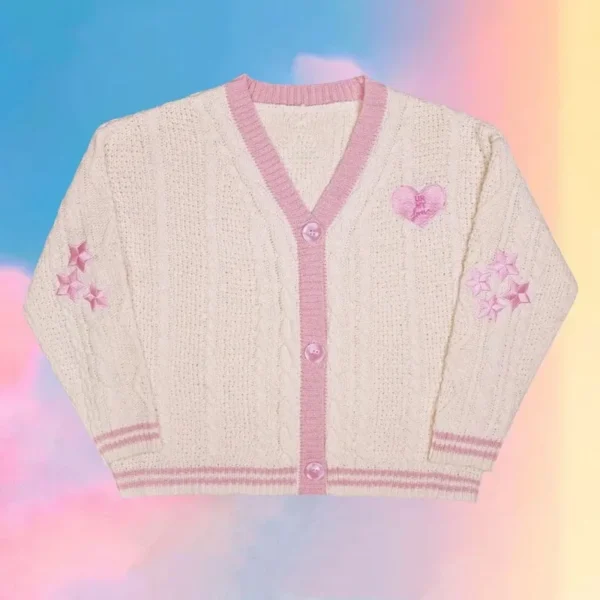 💖Autumn Star Embroidery Lover 💖 Pink Cotton Knitted Cardigans Women Spring Warm Loose Fit Sweaters for Women Y2k Cardigan 3