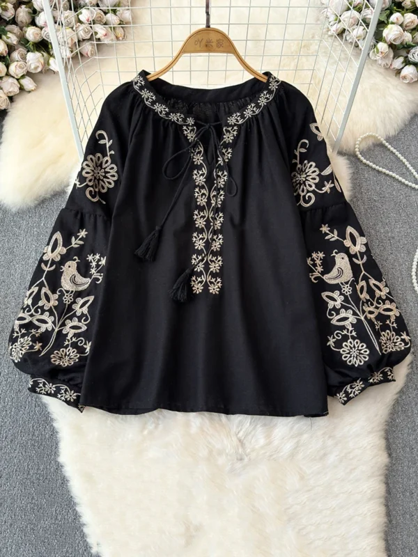 EWQ Embroidered Design Loose Blouse Women Lace-up Collar Lantern Sleeves Fashion Tops Bohemian Style 2024 Summer New 27C238 4