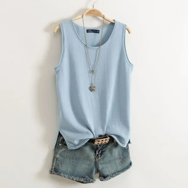 With thin round neck knitted cotton vest, girls' sleeveless loose split bottomed top in summer 1