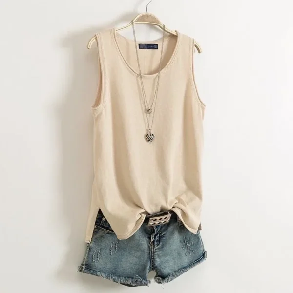 With thin round neck knitted cotton vest, girls' sleeveless loose split bottomed top in summer 2