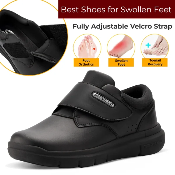 FitVille Men's Diabetic Shoes Leather Extra Wide Walking Casual Shoes for Orthopedic Toes Swollen Feet Non-Slip Lightweight 3