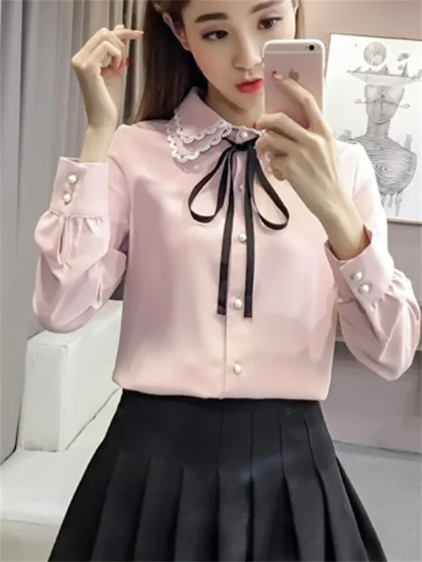 Women Spring Autumn Style Vintage Blouses Shirts Lady Casual Long Sleeve Turn-down Collar Pink White Blusas Tops DF3089 3