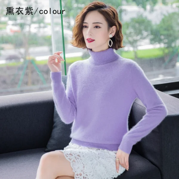 2021 Fall/Winter 100%Pure Mink Cashmere Sweater Women High Lapel Knit Pullover Wild Warm Solid Color Plus Size Short Base Shirt 2