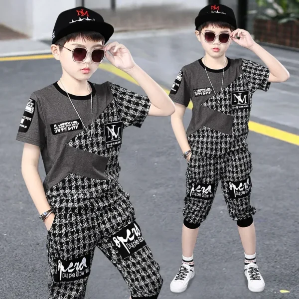 Summer Kids Clothes Sets for Boys 4 6 8 9 10 12 Years Fashion Splicing Short Sleeve T Shirt + Pants School Children Sport Suit 1