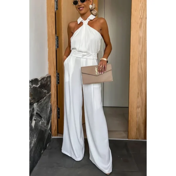 Women Elegant Waist Halter Jumpsuit Casual Tie Sleeveless Wide Leg Long Pant Summer Clothes 3