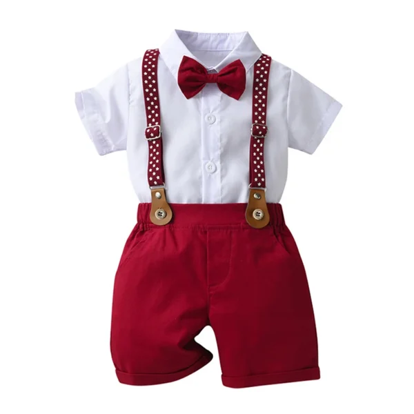 Kid Boys Gentlemen Suits Formal Party Clothes Short Sleeve Bow Tie Shirt Top and Overall Shorts Summer Child Boy Outfits 1