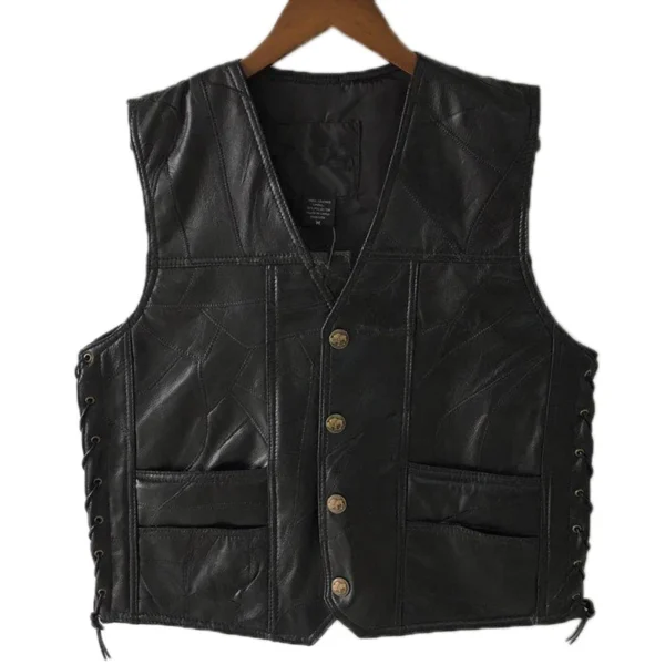 1PCS Punk Biker Vest Lace Button Autumn Sleeveless Jacket For Men Black Leather Polyester Motorcycle Vest For Men 1