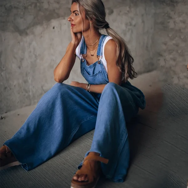 Summer Overalls For Women Blue Denim One-Piece Jumpsuits Loose Wide-Leg  With Pocket High-Waist Jumpsuits 2