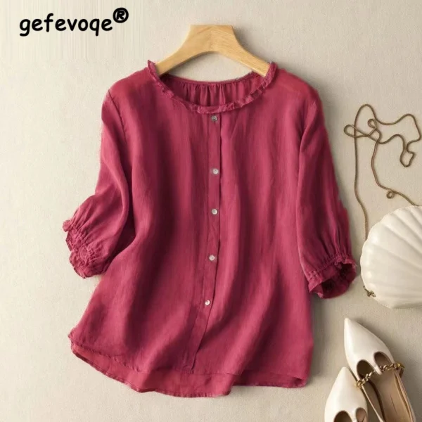 New Summer Women Vintage Ruffle Cotton Linen Blouses Simple Casual O Neck Half Sleeve Shirts Female Solid Loose Comfortable Tops 1