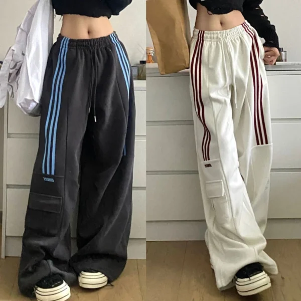 American Retro Lazy Style Wide Leg Pants Women Solid Stripes Elastic High Waist Drawstring Loose Casual Straight Sports Trousers 1