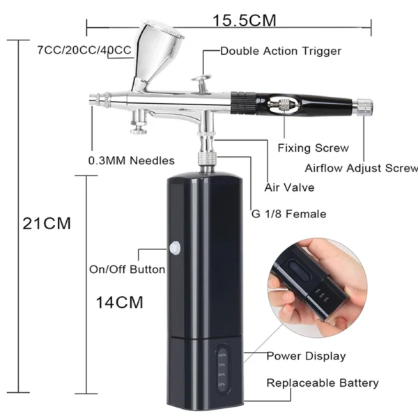 Professional Cordless Airbrush Compressor Super Works Quiet Replace Battery Power Display Art Design Nail Tool 2