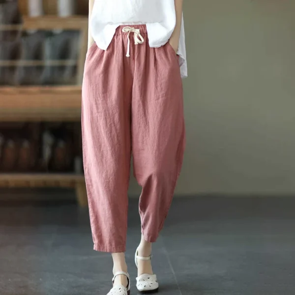 Rimocy 2024 Summer Casual Cotton Linen Pants Women Retro Pockets Loose Harem Pants Woman Solid Elastic Waist Trousers Female 1