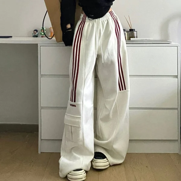 American Retro Lazy Style Wide Leg Pants Women Solid Stripes Elastic High Waist Drawstring Loose Casual Straight Sports Trousers 3