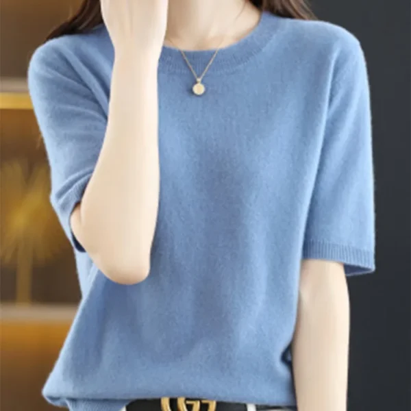 Spring and Summer New Short-sleeved Women O-neck Slim Wool Cotton Blend Pullover Vest T-shirt Knitted Base Sweater 6