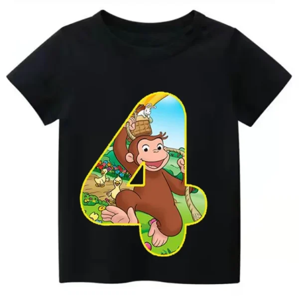 New Curious George Funny Monkey Print Cartoon Boys Clothes  2 3 4 5 6 7 8 9 Years Birthday Number Kids T shirt Tops 4