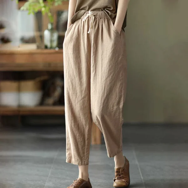 Rimocy 2024 Summer Casual Cotton Linen Pants Women Retro Pockets Loose Harem Pants Woman Solid Elastic Waist Trousers Female 5