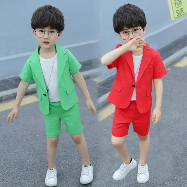 Boys Blazers Sets Wedding Or Birthday Party Summer Business Suit Shorts Jacket Sleevele T Shirt Kids Boy Clothing 3Pcs Outfit 2