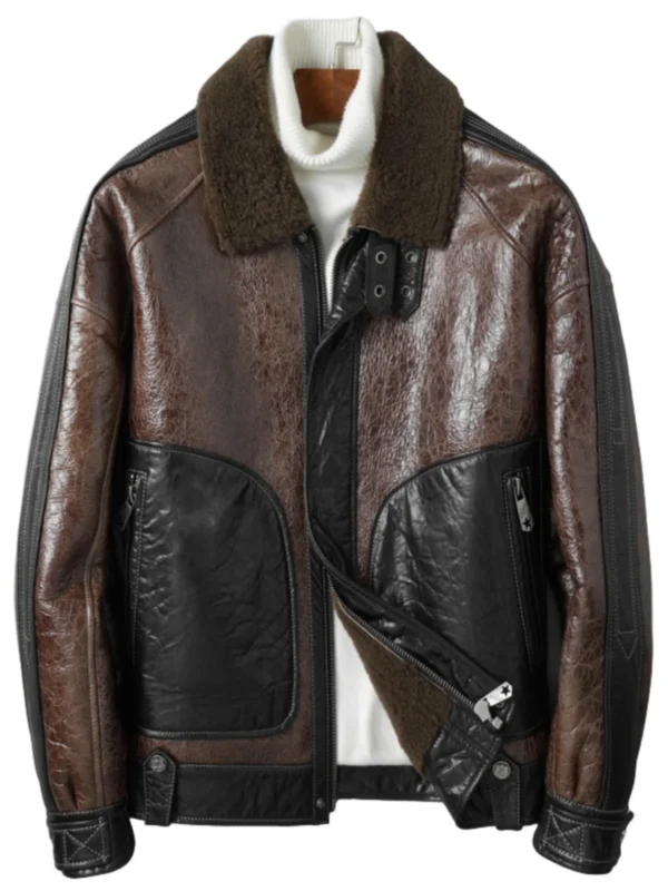 Natural Sheepskin Men's Motorcycle Short Genuine Leather Jacket Men Shearling Winter Brown Real Oil Waxed Sheep Leather Fur Coat 4