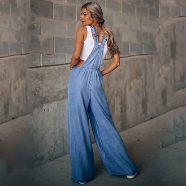 Summer Overalls For Women Blue Denim One-Piece Jumpsuits Loose Wide-Leg  With Pocket High-Waist Jumpsuits 6