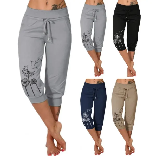 Women Cropped Pants  High Waist Elastic Waistband Drawstring Pockets Dandelion Print Women Casual Sport Pants Streetwear 2