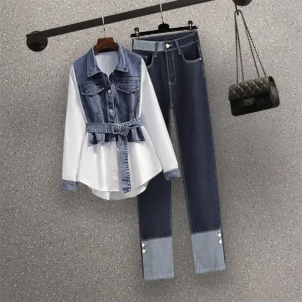 Spring Autumn Women's Jeans Outfits Fashion Patchwork Waistbelt Shirt+High Waist Denim Pants 2 Piece Set Lady Clothing Outfit 1