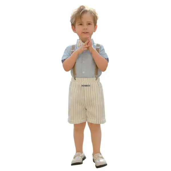 Kids Formal Strap Shirt Shorts Bowtie Clothing Set Boys Summer Wedding Birthday Dress Children Piano Performance Dance Costume 4