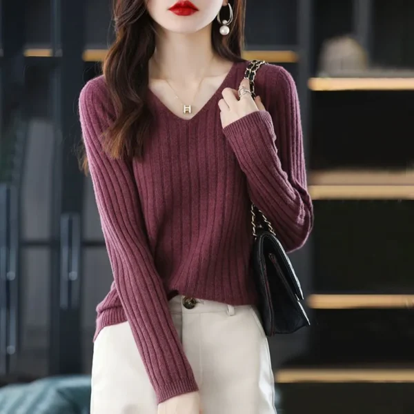 Women Sweater Long Sleeve Top Knitted Pullover V-Neck Fashion Sweater Woman Winter 2022 Basic Female Clothing Soild OL Sweaters 1