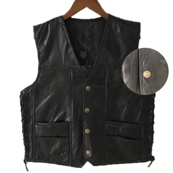 1PCS Punk Biker Vest Lace Button Autumn Sleeveless Jacket For Men Black Leather Polyester Motorcycle Vest For Men 2