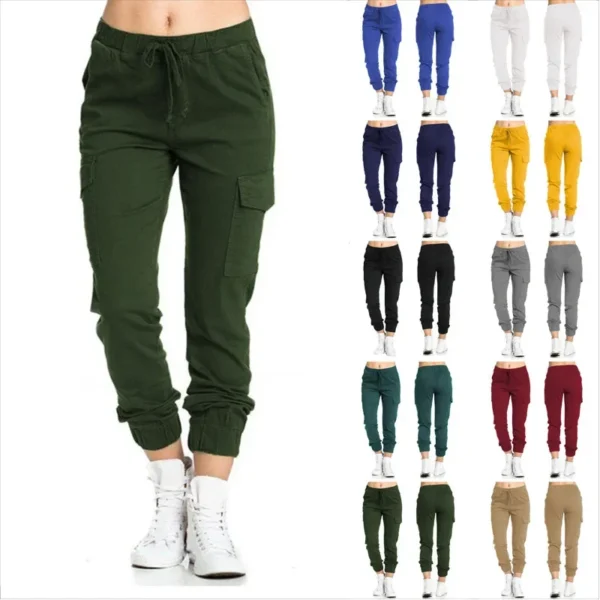 2022 New Solid Jogger Women's Cargo Pants Multi-Pocket Drawstring Elastic Waist Women Sports Pants Streetwear Casual Long Pant 1