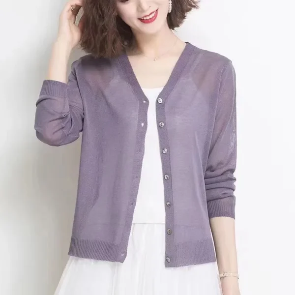 Cardigan Summer Long Sleeve Knitted Women New Ice Silk Knitwear Korean Thin Air-conditioning Sunscreen Shirt Tops 3