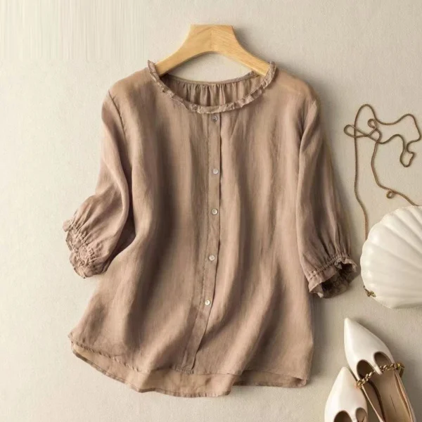 New Summer Women Vintage Ruffle Cotton Linen Blouses Simple Casual O Neck Half Sleeve Shirts Female Solid Loose Comfortable Tops 3