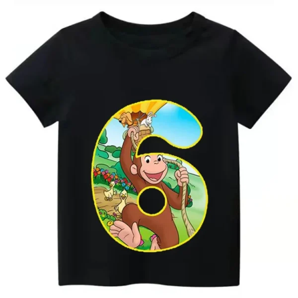 New Curious George Funny Monkey Print Cartoon Boys Clothes  2 3 4 5 6 7 8 9 Years Birthday Number Kids T shirt Tops 1