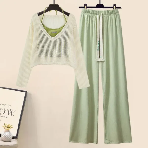 2024 Spring Summer Women Green Clothing Outfits Korean Lady Fashion Hollow Out Knit Tops Sling Vest High Waist Pants 3 Pcs Sets 2