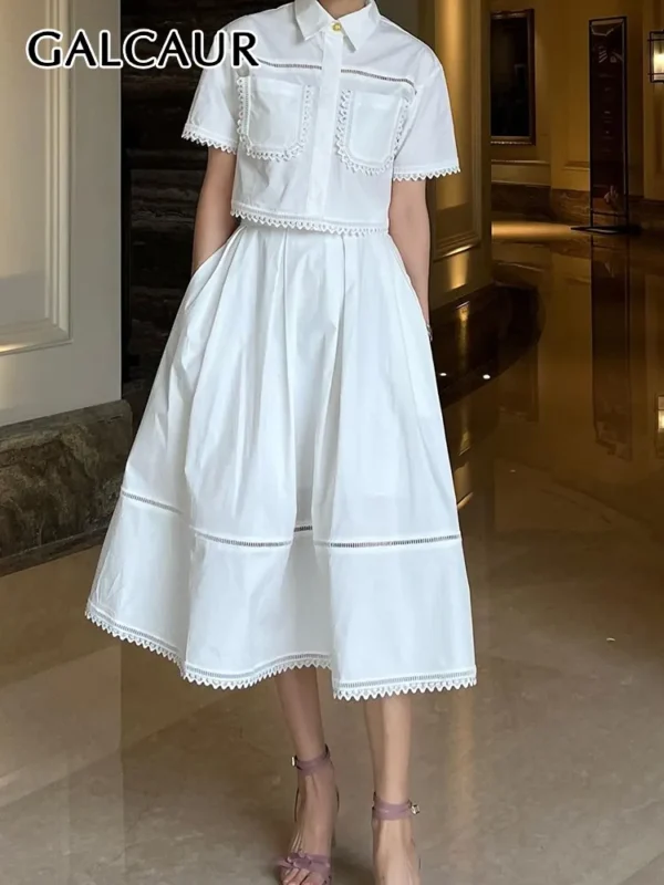 GALCAUR Elegant Two Piece Sets For Women Lapel Short Sleeve Tops High Waist A Line Pleated Skirts Solid Set Female Summer 2023 1