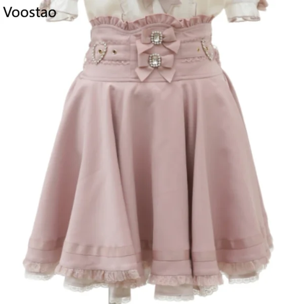 Gothic Lolita Ribbon Double Bow High Waist Skirt Women Sweet Pearl Buckle Lace Pleated Skirt Japanese Cute A-Line Mini Skirts 3