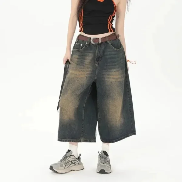 Women Y2k Style Baggy Denim Shorts Wide Leg Short Pants Fashion High Waisted Dark Wash Knee Length Loose Unisex Jeans Casual 3