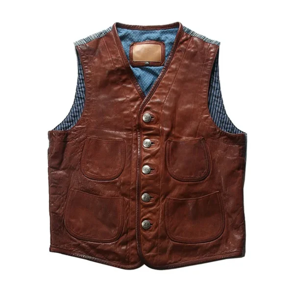 2024 New Spring Autumn Blue Dyed Clothing Genuine Leather Waistcoat Bikers Motorcycle Vest Male Sheepskin Sleeveless Coats 1