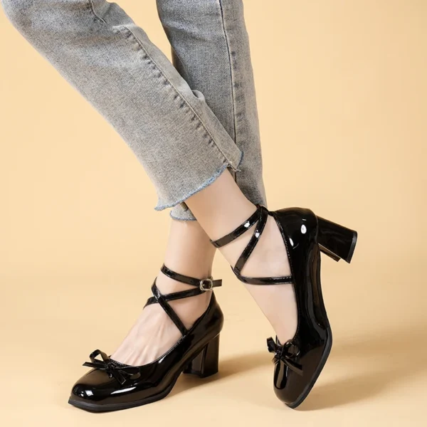 Black Retro Cross-Tie Pumps Casual Summer Round Toe Shoes Ladies Sweet Fashion Shoes Woman Bow Design 5