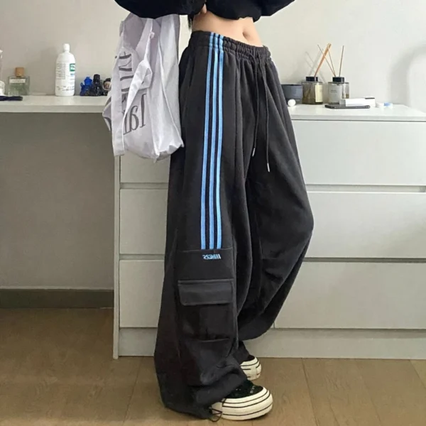 American Retro Lazy Style Wide Leg Pants Women Solid Stripes Elastic High Waist Drawstring Loose Casual Straight Sports Trousers 4