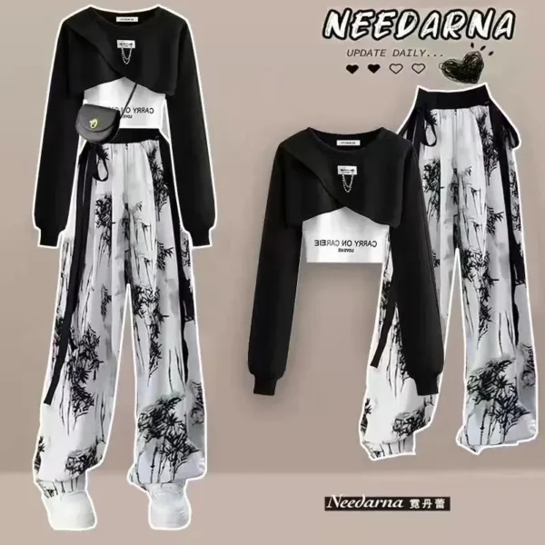 Spring and Autumn Set Women's Korean Design Long Sleeved Top+Tank Top+Ink Wide Legged Pants Three Piece Set Trendy 2