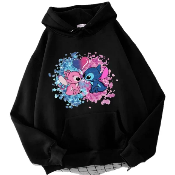 Disney Stitch Hoodies Women Harajuku Pullovers Cute Kawaii Casual Tops O-Neck Angel Print Hooded Sweatshirt Long Sleeves 6