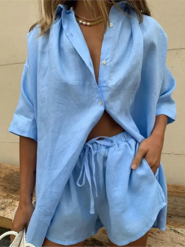 Casual Cotton Linen Solid Color Sets Women Short Sleeve Loose Shirt Wide Leg Shorts Two Piece Set Woman Suits 2024 Summer 1