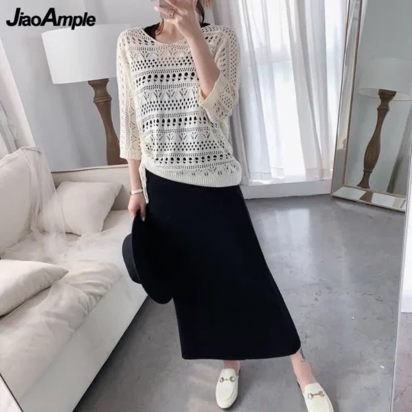 Women's Casual 2 Pieces Dress Set Summer 2024 New Loose Hollow Out Knit Shirring Tops and Sleeveless Dress Suit Lady Clothing 5