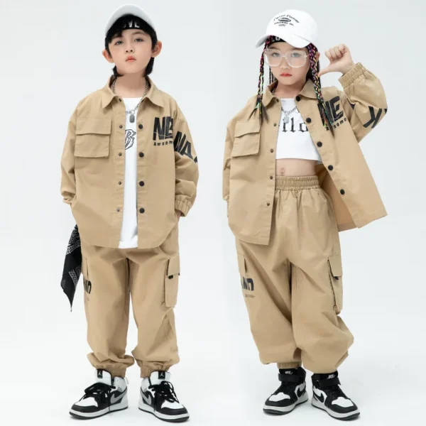 Kid Kpop Hip Hop Clothing Khaki Shirt Jacket Casual Streetwear Cargo Jogger Pants for Girl Boy Jazz Dance Costume Clothes Set 1