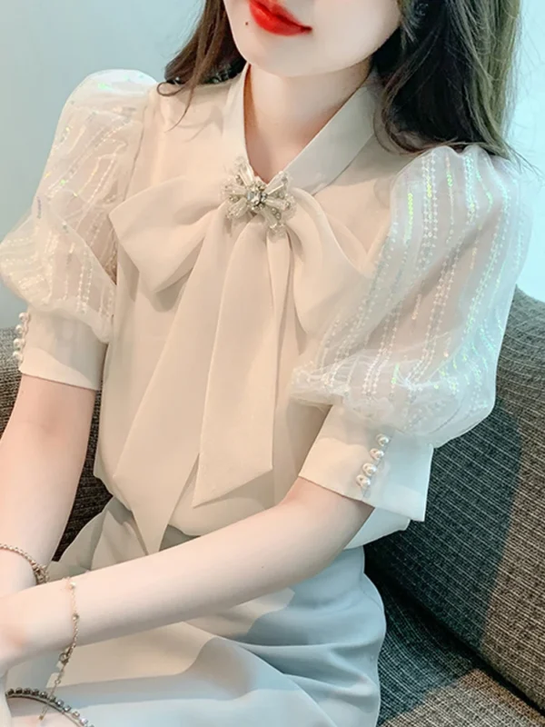 Fashion Bow Collar Apricot Chiffon Blouse Shirt Women Tops Blusas Mujer De Moda 2024 Verano Short Sleeve Blouse Women Blusa G587 1