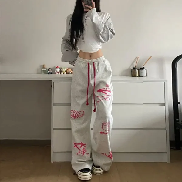 Retro streetwear graffiti pants Hip hop baggy sweatpants versatile straight leg trousers wide leg drawstring slacks Y2K pants 5