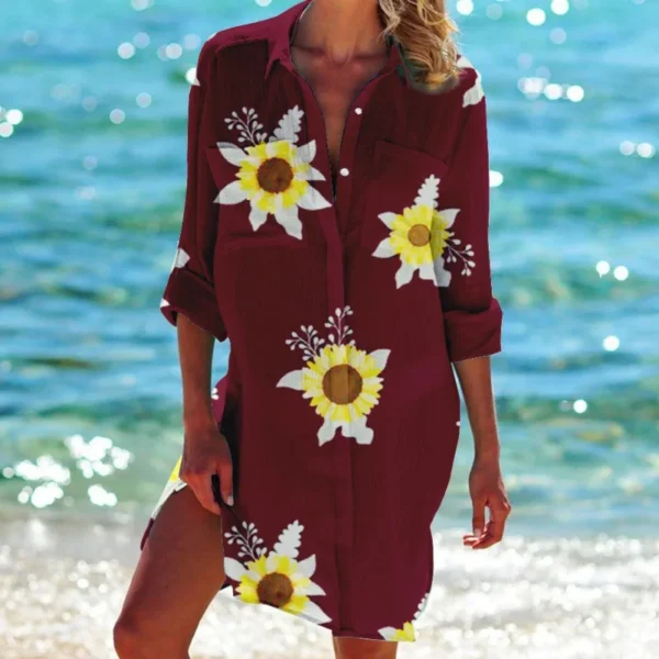 Summer Hawaii Beach Sunflower Leaf 3D Print Blouses Women Long Sleeve Mid-length Shirts Buttons Shirt Blouse Girls Pocket Tops 2