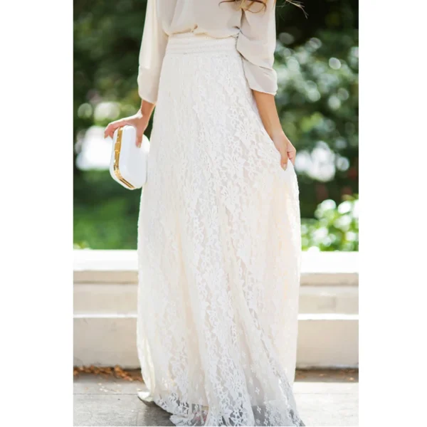 Women Double Lace Layer Chiffon Pleated Long Maxi Skirt Elastic Waist Floral Ankle-length White Black Long Skirt Streetwear 3