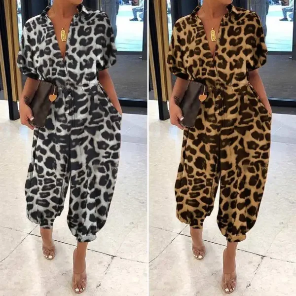 Leopard Printed Jumpsuit Women 2023 Summer New Short Sleeves Leace-up Pocket Casual Jumpsuits Fashion Vintage Ladies Bodysuits 6